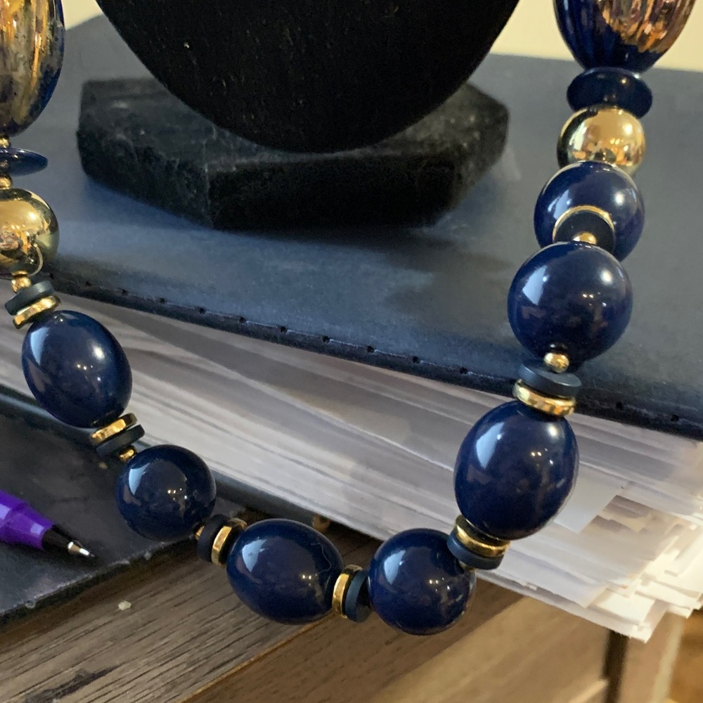 Navy Blue Beaded Necklace with Gold Accents
